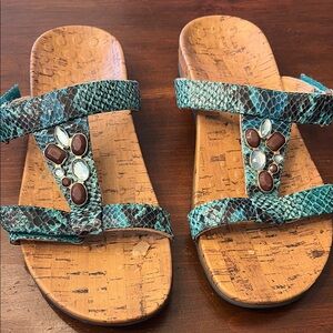 Bionic Viviana Women’s Teal Snakeskin Jeweled Cork Slide Sandals —as is.